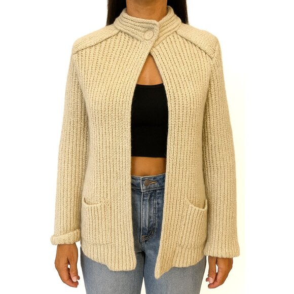 Vintage Heavy Knit Cardigan Retro Layering Chunky Button Belt Beige Grandpa Sz M - Picture 1 of 10